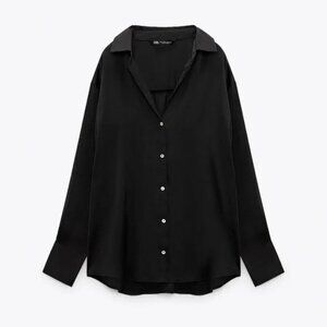 Zara Women's Blouse Collard Long Sleeve Button Up Shirt Black Size M Classic